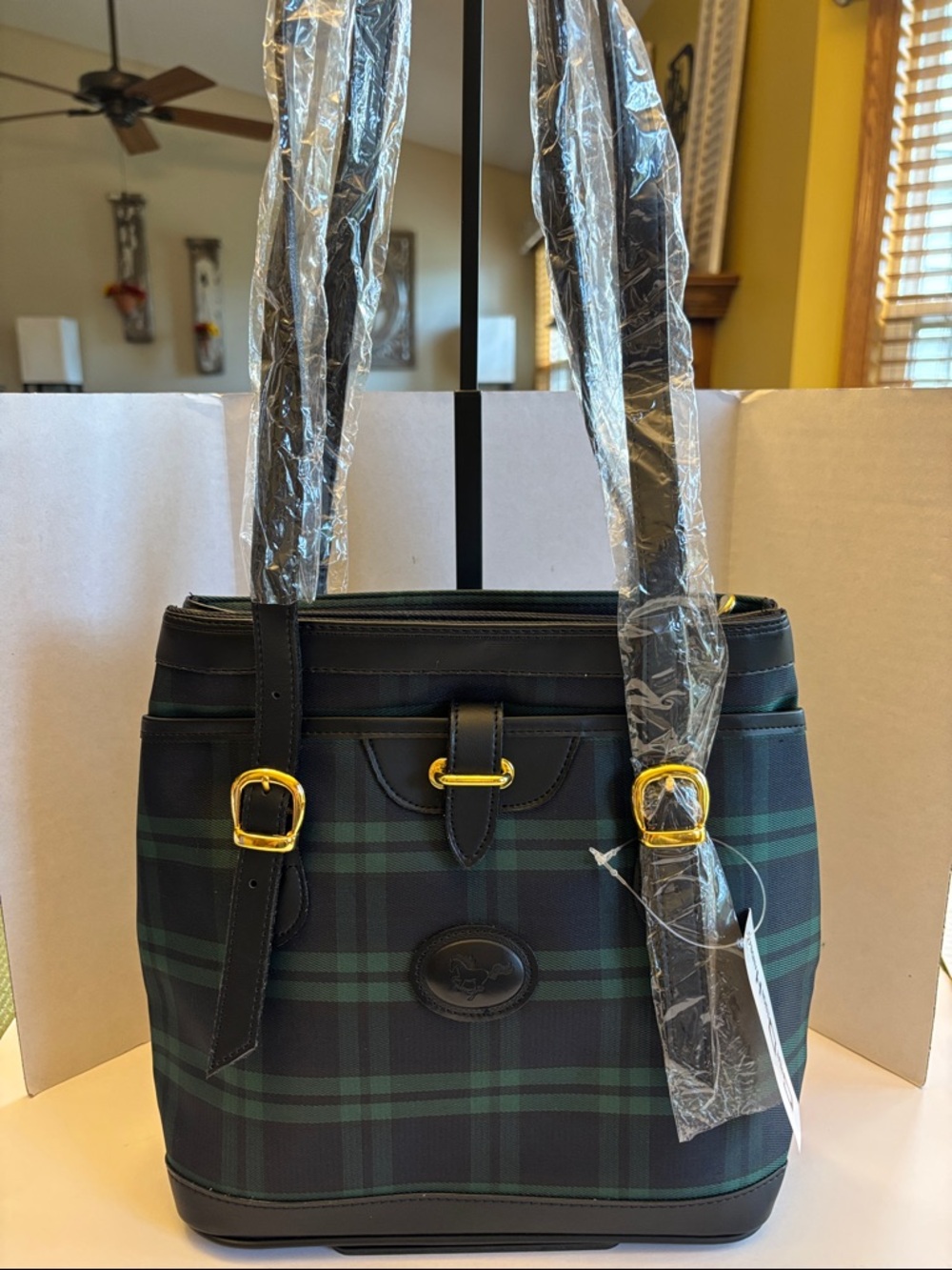 Women’s Green Plaid Shoulder Bag with Gold Hardware